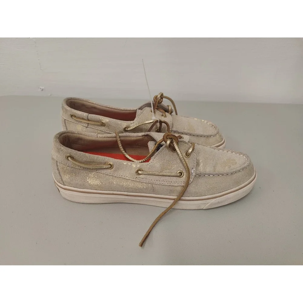 EUC Sperry Top-Sider‎ Sz 9 Bahama Metallic Tan/Goldtone Camo Suede Boat Shoe